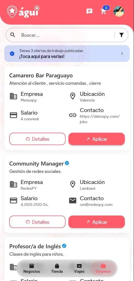 Captura de pantalla de ofertas de empleo en Agui