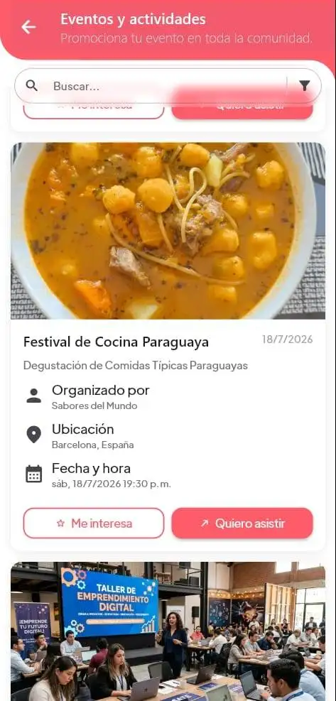 Captura de pantalla del calendario de eventos en Agui